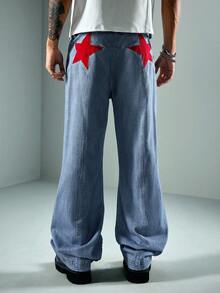 ROMWE MEN Street Life Men's Star Pattern Button Zipper Low Waist Straight Leg Jeans - Blue - View 3