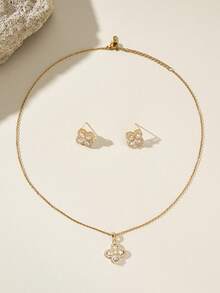 Opalesca 1 Set Stainless Steel Necklace & Earring Jewelry Set, Luxury Rhinestone Classic Versatile Personalized Party Earrings & Necklace Gift, No Gift Box - Gold - View 4