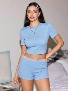 Lowkey Lull Women's Solid Color Short Sleeve T-Shirt And Shorts Loungewear Set - Baby Blue - View 4
