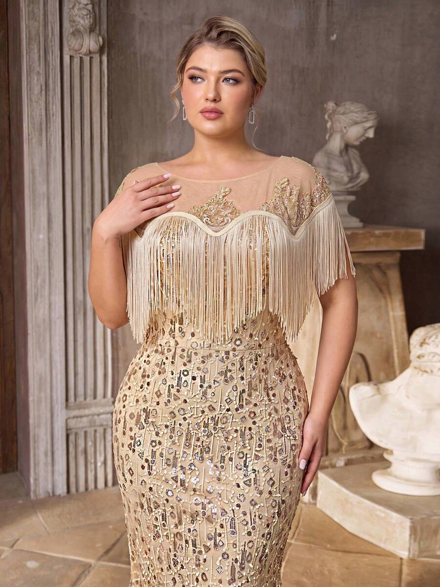 Serin Plus Size Elegant Romantic Champagne Gold Boat Neck Drop Shoulder Luxury Beaded Embroidery Mesh Tassel Mermaid Hem Dress, Wedding Party Celebration - Champagne - View 1