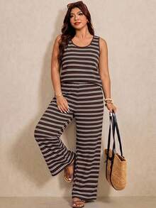 Elaquor Casual Minimalist Plus Size Brown Tank Top And Pants 2 Pieces Set, Suitable For Summer Formal Vacation - Multicolor - View 1
