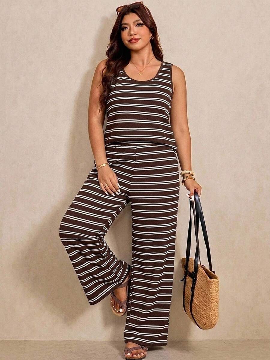 Elaquor Casual Minimalist Plus Size Brown Tank Top And Pants 2 Pieces Set, Suitable For Summer Formal Vacation - Multicolor - View 1