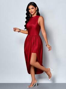 SOLERSUN Spring/Summer Women's Wear: Elegant And Charming, Perfect For Parties And Gatherings. Stretch Knit Fabric, Sleeveless, Stand Collar, Fitted, Front Slit, Gathered, Asymmetrical Hem, Midi Dress. - Burgundy - View 3