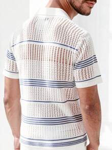 Manfinity Dauomo Men's Contrast Color Striped Hollow Out Lapel Knit Top, Summer Beach Vacation Style Buttonless Short Sleeve Cardigan, Casual & Comfortable - Multicolor - View 2
