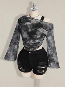 SHEIN ICON 大尺碼女款紮染圖案休閒百搭 2 合 1 T恤 - 黑色 - 查看 7