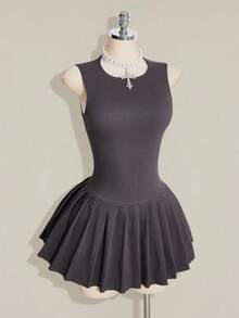 SHEIN ICON 女款夏季休閒日常通勤學院風極簡純色無袖百褶下擺迷你洋裝 - 灰色 - 查看 6