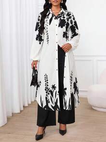 SHEIN Lady Women's Black And White Black Shirt And Pants 2 Pieces Set Brunch Autumn Modest Elegant - Multicolor - View 3