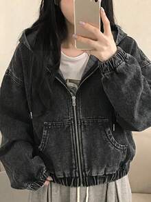 SHEIN 女童黑色丹寧連帽短版長袖夾克 - 黑色 - 查看 3