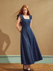 Selenza Women's Letter Print Casual Daily Wear Cap Sleeve Denim Dress - Dark Wash - View 5