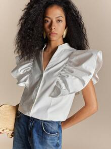 SHEIN French-Style Casual White Pure Cotton V-Neck Button-Down Shirt With Oversized Flutter Sleeves-Perfect For Work, Holidays, Or Casual Outings. - White - View 4