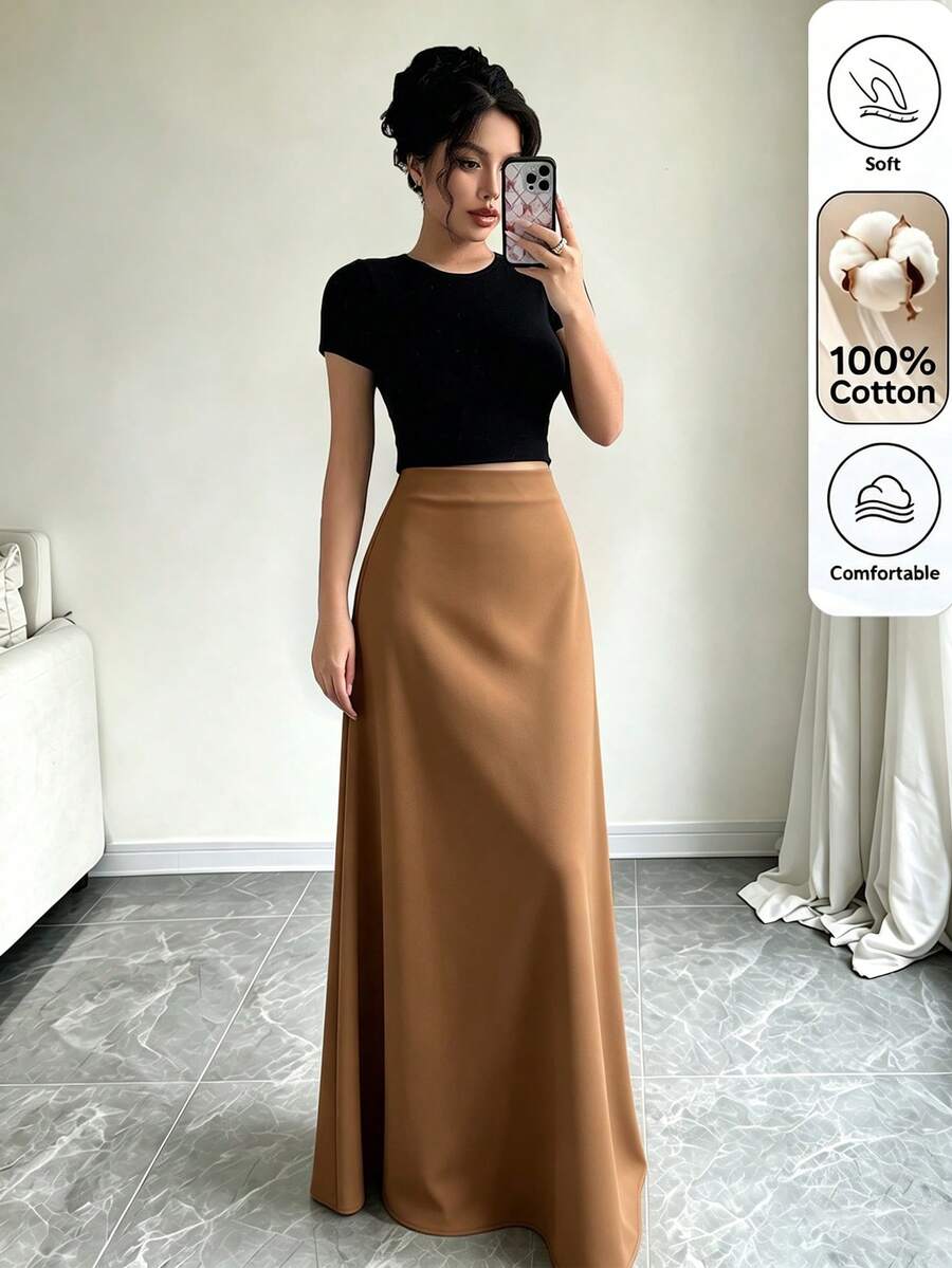 Rafferiza 女款純色彈性腰長裙 - 駝色 - 查看 1