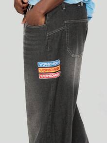 FORM&CHAOS Men's Vintage Streetwear Washed Embroidered Long Denim Jeans Back-To-School - Black - View 5