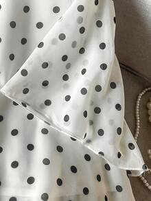 Lacomfia Casual Elegant Flapper 1920s Chiffon Polka Dot Print Round Neck Short Sleeve Layered Ruffle Hem Spring Summer Plus Size Blouse Office Evening - Black and White - View 7