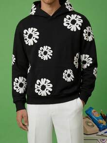 FROVYX Men's Casual Letter Print Hoodie, Autumn/Winter Black Flower Print Hoodie, Long Sleeve Top - Black - View 3