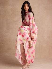 Enchnt Autumn Romantic Women's Elegant Beige Floral Print Lantern Sleeve 3D Long Dress Graduation Garden Party Day Party Wedding Daytime Mother Of The Bride - Pink - View 1