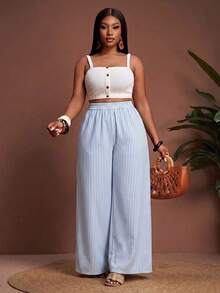 Slaydiva Plus Size Casual Striped Wide Leg Pants For Vacation Fall - Multicolor - View 4