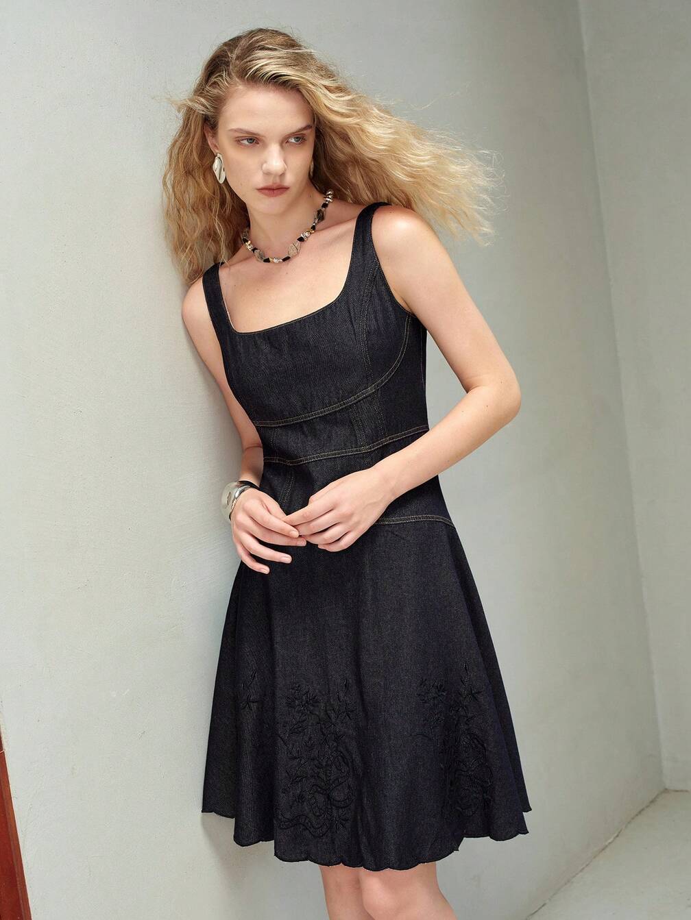 black sleeveless denim dress So Delighted Washed Black Denim Corset Seam Mini Dress