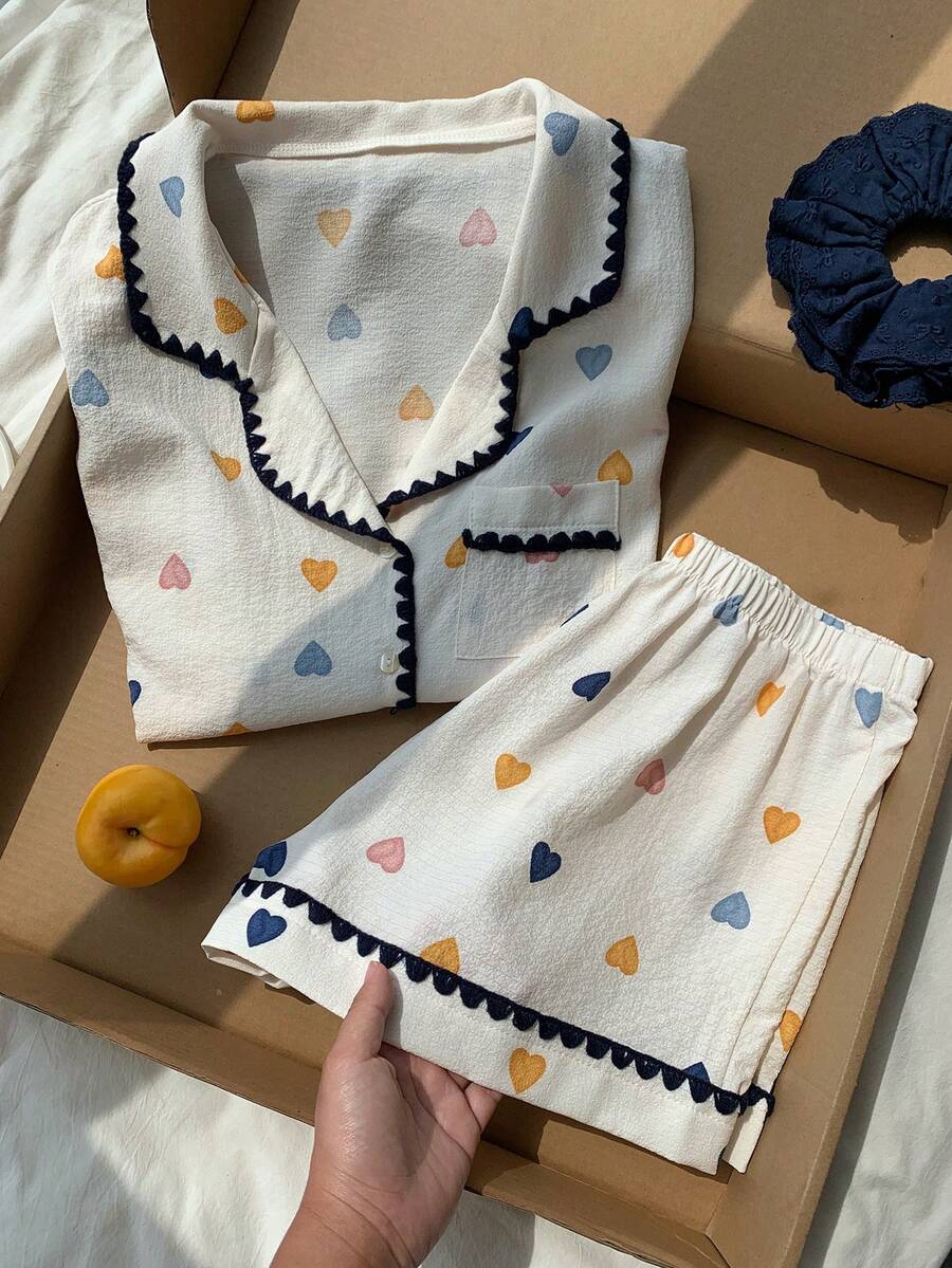 Comfortcana 五顏六色愛心印花對比邊飾襯衫領女士睡衣套裝 - 彩色 - 查看 1
