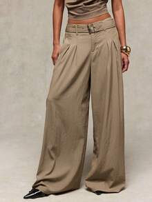 Normani Women's Solid Color Pleated Casual Versatile Everyday Long Pants - Khaki - View 1