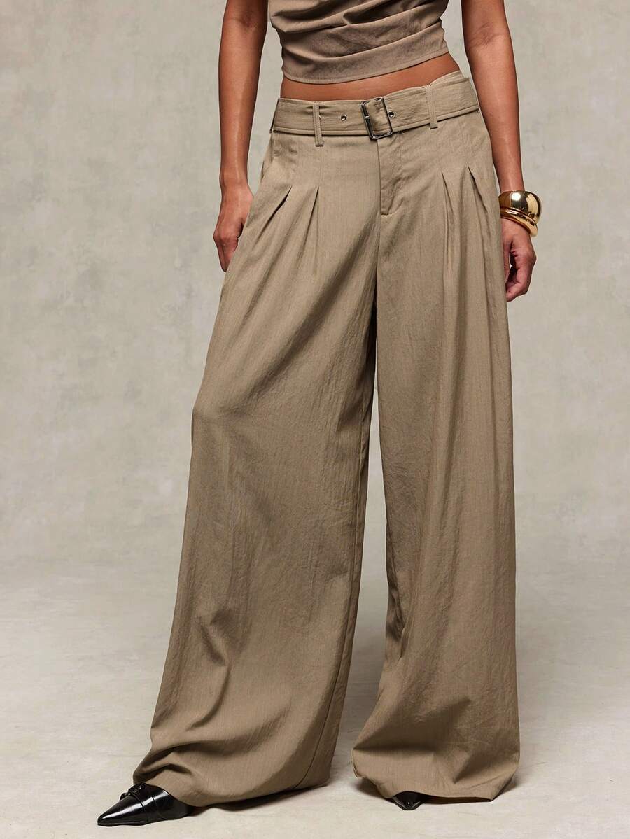 Normani Women's Solid Color Pleated Casual Versatile Everyday Long Pants - Khaki - View 1