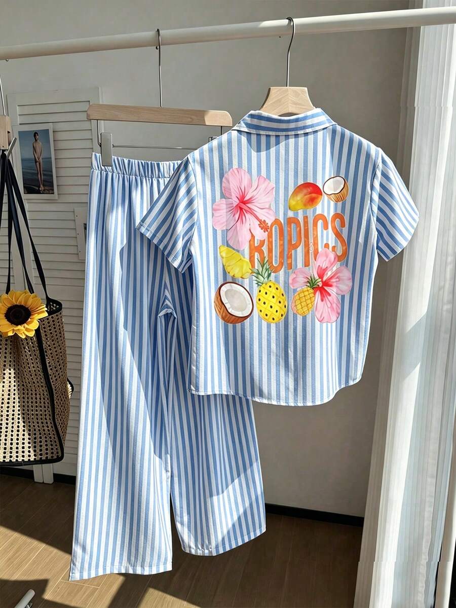 SHEIN Tween女孩休閒街頭風度假出遊校園Ins網紅條紋襯衫與長褲T恤套裝 - 彩色 - 查看 1