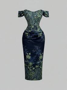 SHEIN MOD 女款露肩抓皺花卉印花優雅收腰派對洋裝 - 黑色 - 查看 5