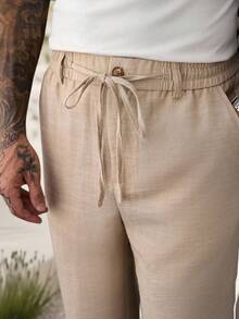Manfinity Homme Men's Solid Color Drawstring Waist Casual Versatile Daily Travel Long Pants - Khaki - View 3