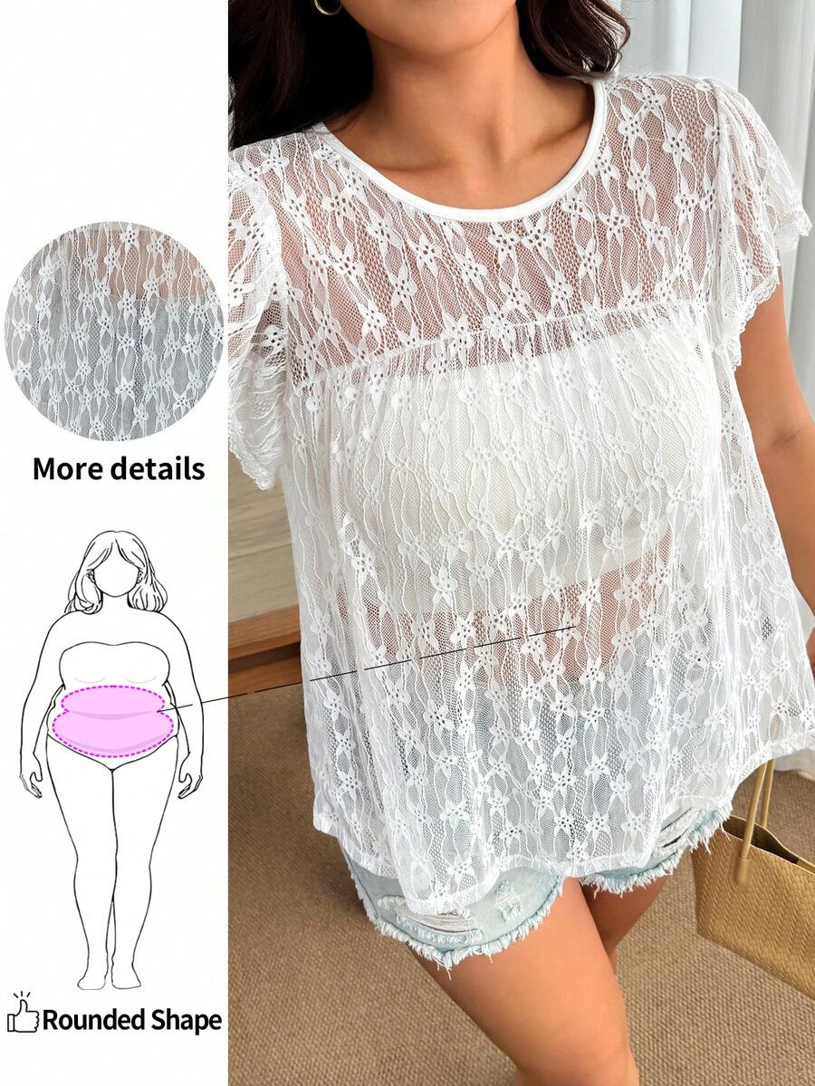 Enliva Plus Size Women White Lace Sheer Top Short Sleeve Loose Babydoll Blouse Boho Elegant Summer Casual Beach Evening Birthday Cocktail Shirt - White - View 1