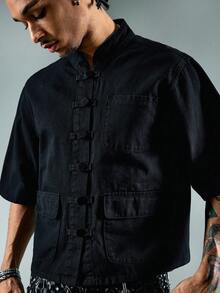 ROMWE MEN Street Life Men's Chinese Collar Denim Shirt - Black - View 2