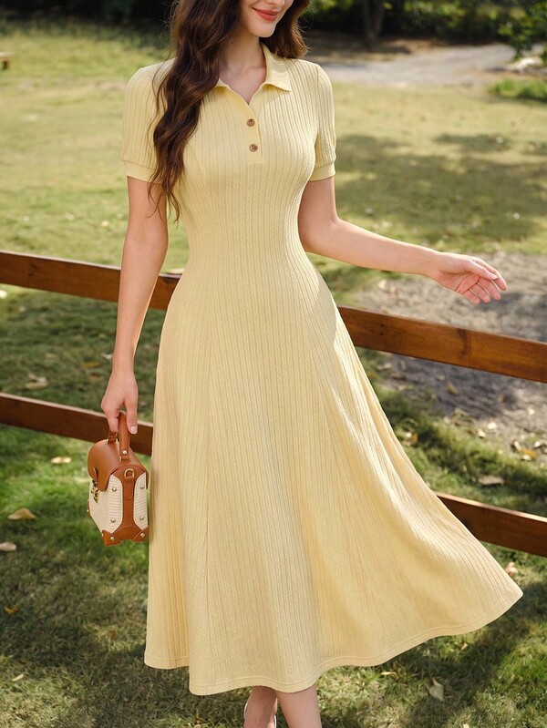 Vintamour Vintage Elegant Women's Knit Jacquard Ribbed Texture Polo Collar Button Long Dress With Pockets, Casual Holiday Festival