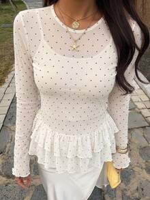 FRIFUL Women Sheer Polka Dot Print Long Sleeve Ruffle Hem Blouse, Summer Fall Top - White - View 8