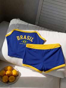 Girls Y2K Back To School Beach Summer Yellow White Set /Set - Royal Blue - View 3