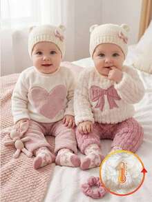 SHEIN 2 Stücke Set Herbst/Winter: Doppelseitiges Plüsch-Set für Babys, bestehend aus einem süßen rosa Plüsch-Oberteil mit Schleifenstickerei in Off-White mit langen Ärmeln und einer dicken, rosa gestreiften Hose. - Pink - Übersicht 8