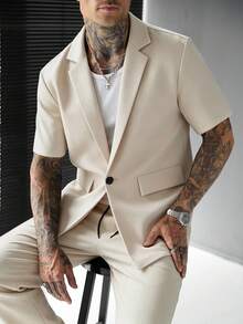 SLATEMANN 男士舒適素色布料大翻領單扣雙口袋短袖襯衫與抽繩鬆緊腰長褲套裝，休閒度假、朋友約會、雞尾酒會、沙龍、聚會、晚餐、日常辦公、極簡商務，特別適合春夏季節，適合自穿或送給朋友 - 杏色 - 查看 6