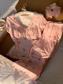 Comfortcana Conjunto de pijama casual y lindo con cuello de patrón de tulipán, empalmado y con volantes - Rosa - Ver 3