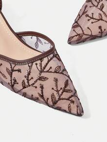 CUCCOO HITCHD New Chinese Style Brown High-Heeled Mullers, Pointed Lace Embroidered Convertible Sandals, Women's Summer Shoes - Brown - View 6