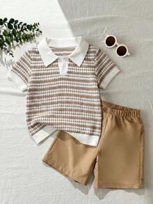 SHEIN 2pcs Boys Outfit, Boys Set, Summer Vintage Striped Textured Short Sleeve Polo Shirt + Casual Shorts Two Pieces Set, Top Features Lapel Small V-Neck Design, Waffle Knit Textured Striped Fabric, Vintage Color With Built-In Textured Pattern - Coffee - View 1
