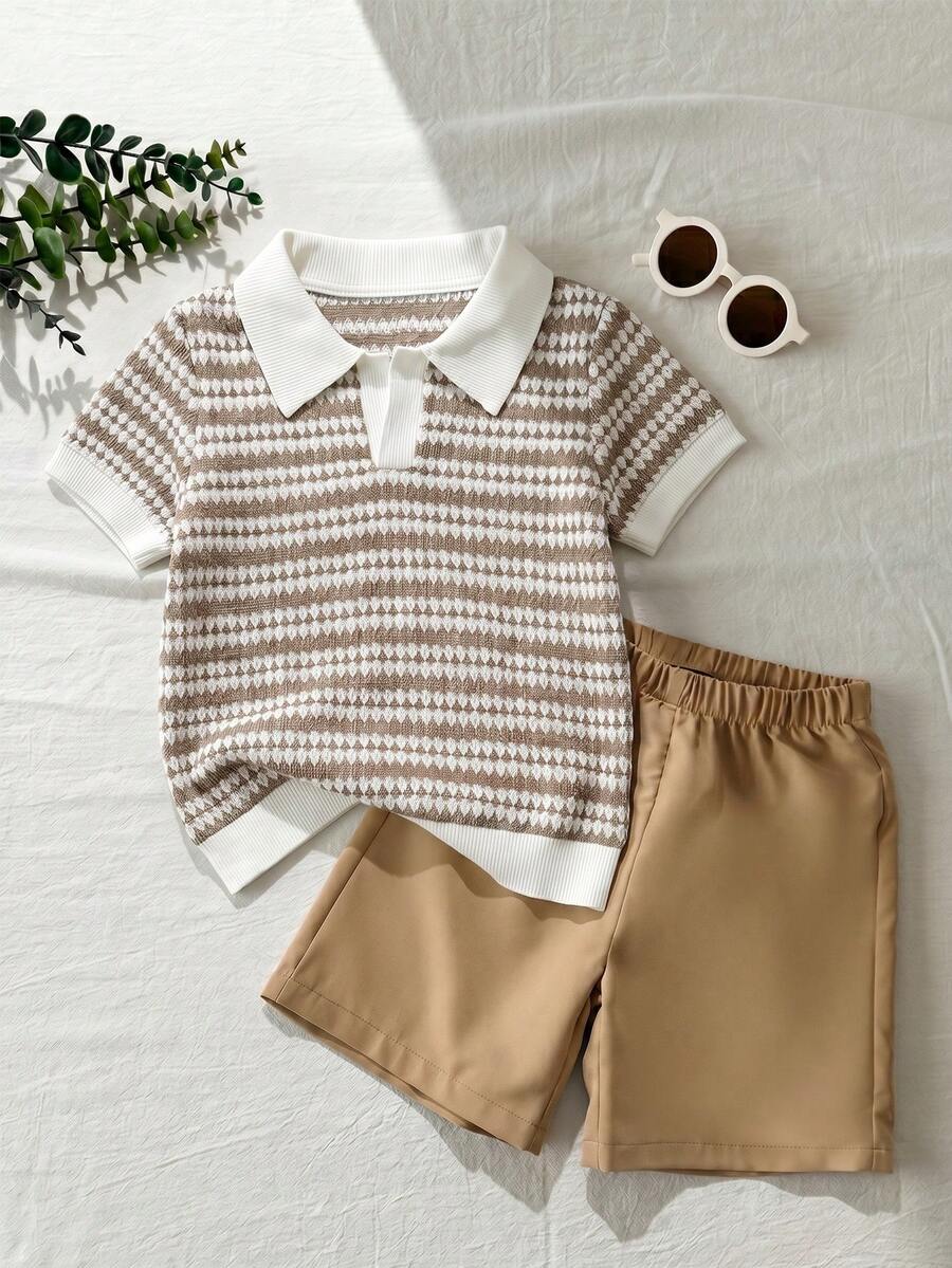 SHEIN 2pcs Boys Outfit, Boys Set, Summer Vintage Striped Textured Short Sleeve Polo Shirt + Casual Shorts Two Pieces Set, Top Features Lapel Small V-Neck Design, Waffle Knit Textured Striped Fabric, Vintage Color With Built-In Textured Pattern - Coffee - View 1