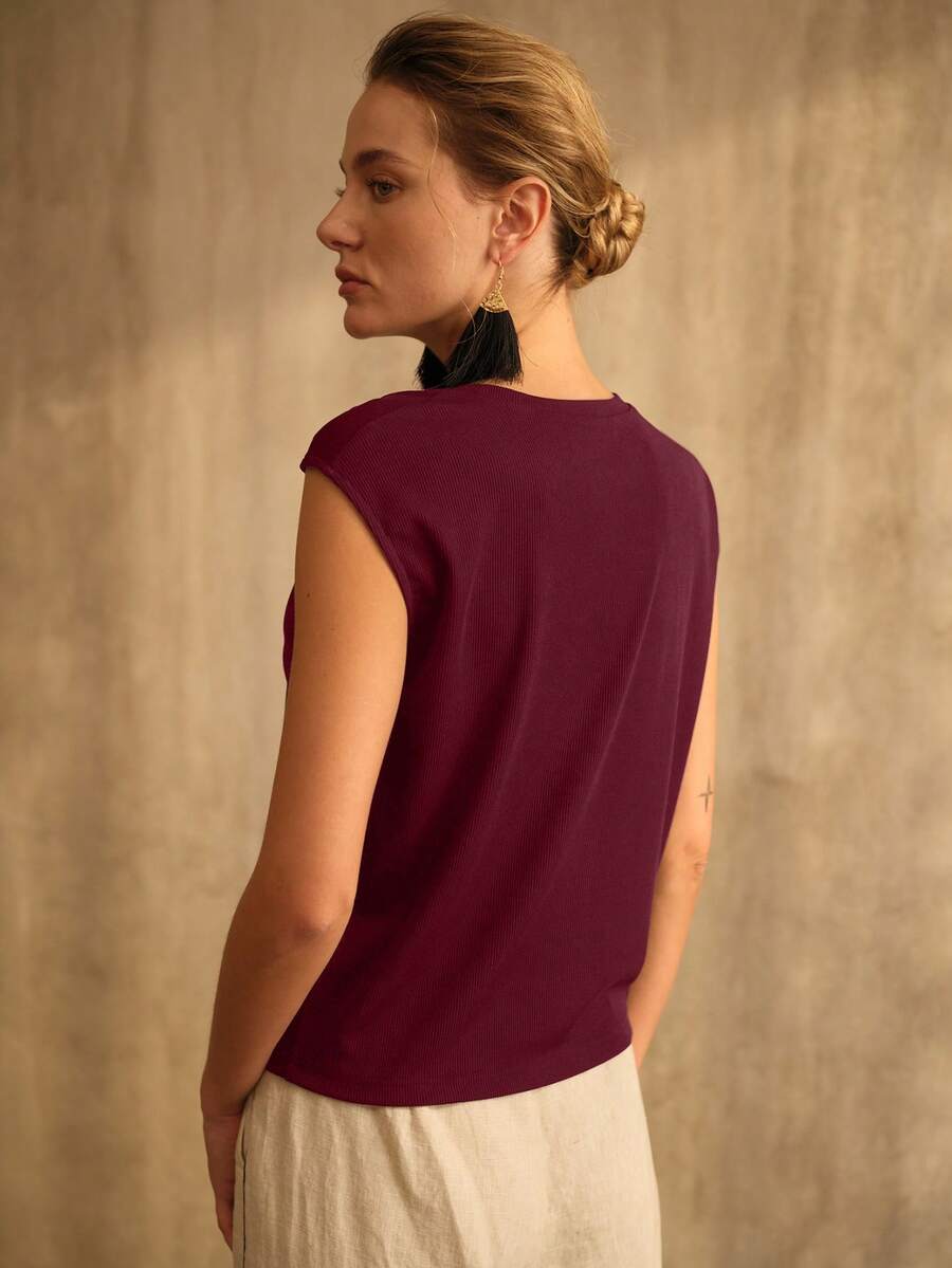 MOTF PREMIUM ASYMMETRICAL NECKLINE CAP SLEEVE PULLOVER T-SHIRT, VERSATILE CROPPED - Burgundy - View 2
