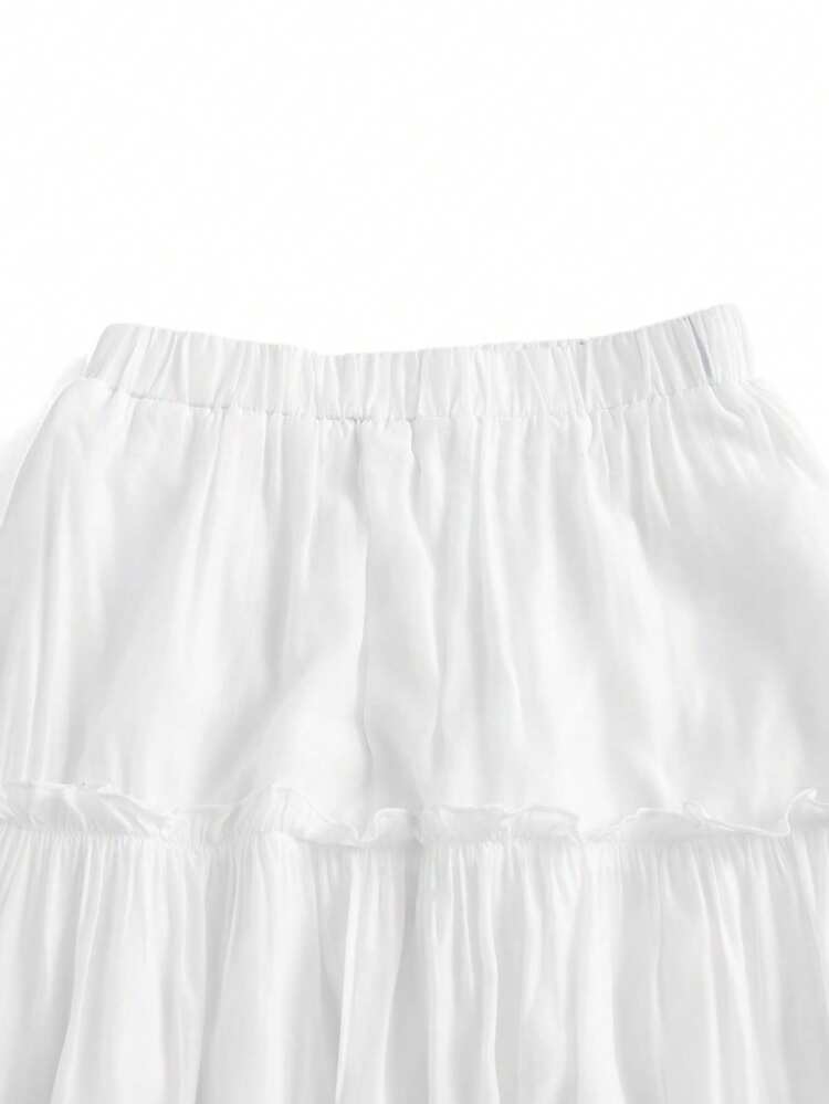 ROMWE Solid Frill Skirt, School,Ladies Casual Frill Midi Loose High Waist White Viscose Plain Women Skirts,Spring/Summer,Casual Daily Wear - White - View 4