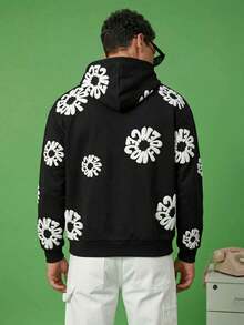 FROVYX Men's Casual Letter Print Hoodie, Autumn/Winter Black Flower Print Hoodie, Long Sleeve Top - Black - View 2