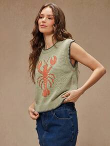 WESTFADE Rompi Sweater Leher Bulat dengan Jahitan Multi Motif Lobster Intarsia untuk Musim Panas, Liburan Musim Semi, Kembali ke Sekolah, Konser Musik Country, Festival, dan Santai. - Hijau - View 2