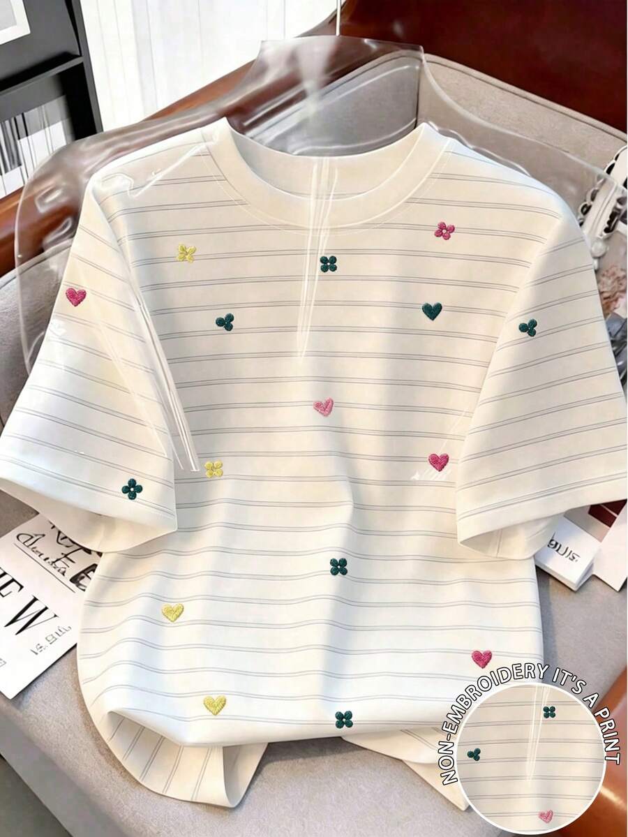 Franclia Women's Striped Floral Colorblock Pattern Digital Print Round Neck T-Shirt - Multicolor - View 1