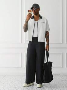 Manfinity Homme Men's Street Black Baggy Wide Leg Stiff Mature Casual Pants,Street-Style Perfect For Everyday Outings,Gifts Suitable For A Husband - Black - View 6