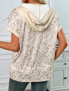 SHEIN LUNE Camiseta con capucha de verano casual para mujer con estampado de encaje falso - Albaricoque - Ver 2