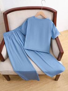 SHEIN 2件組 青少女對比色V領短袖上衣與休閒長褲套裝 - 藍色 - 查看 2