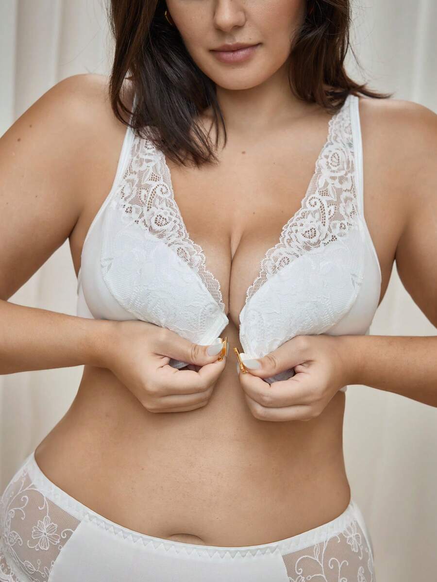 Bralution Sujetador con aros de cobertura total en blanco con ribete de encaje, alta encapsulación y soporte, levantamiento y realce, cierre frontal, elegante encanto, talla grande - Blanco - Ver 1