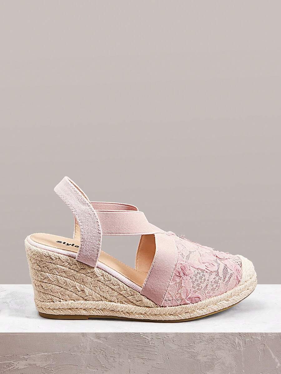 Styleloop 麻繩編織女款楔跟厚底鞋 度假風 BOHO 風 美式復古 波希米亞風 西部風 音樂節慶穿搭 - 粉色碎花網 - 查看 1