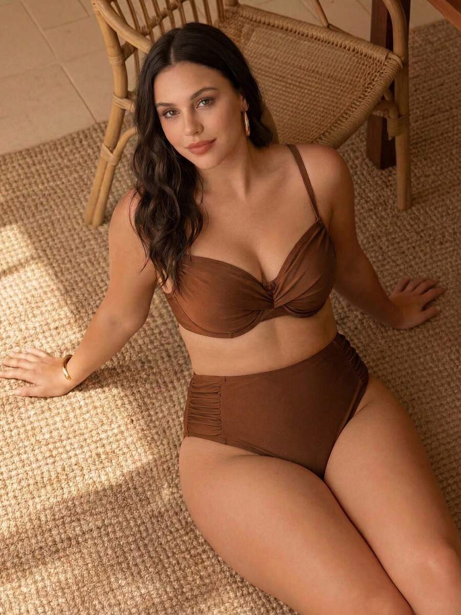 Swim Chiccia Plus Size Retro Burgundy Bikini Red,Summer,Classy,Beach,Holiday Twist Cup Uplift Support High Waist Side Ruched Solid Color 2-Piece Swimwear Set - Rust Brown - View 1