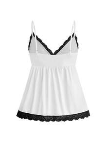ROMWE Kawaii Plus Size Sweet Pure Innocent Cute Doll Style Ribbed Lace Cami Shorts Casual Sleepwear Set - White - View 8